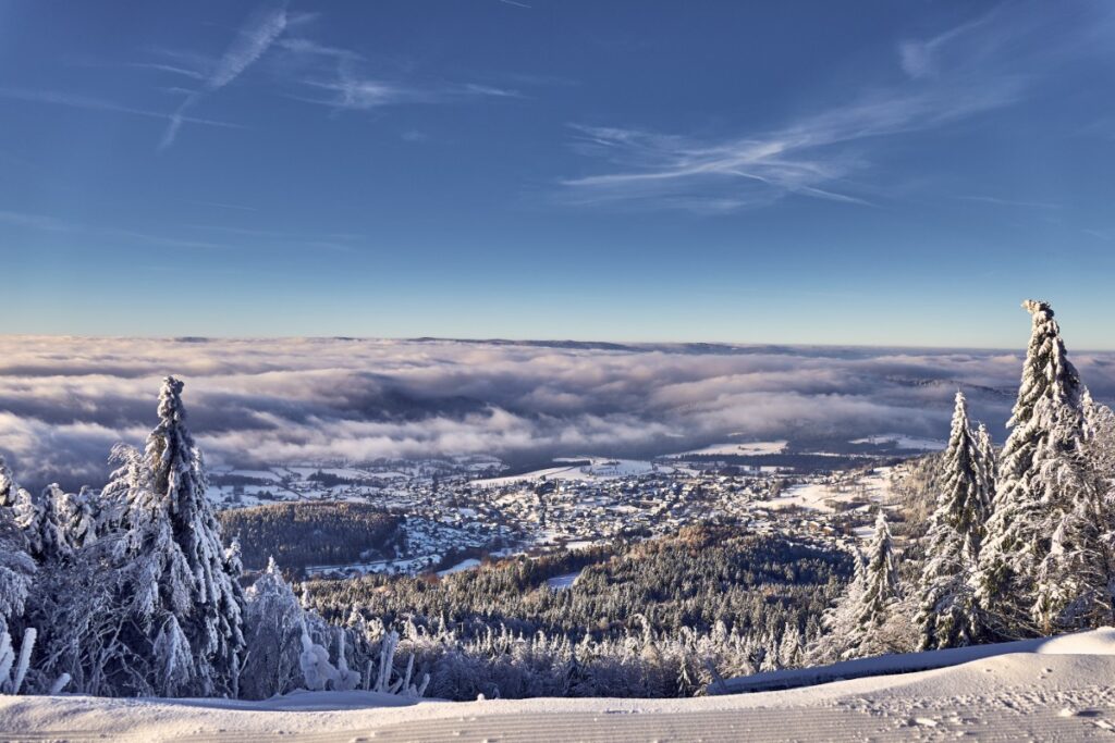 Schneebedeckte B&auml;ume &uuml;berblicken Bodenmais im Bayerischen Wald mit Wolken und blauem Himmel in der Ferne.